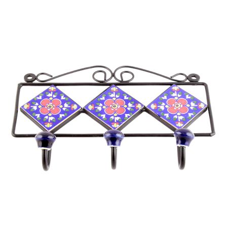 Navy Blue Red Floral Tiles Hooks